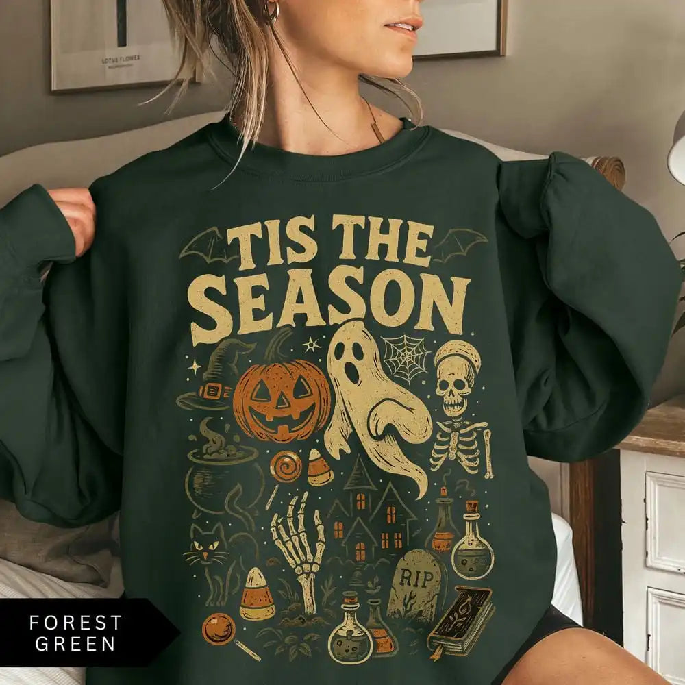 Halloween Sweatshirt Tis' the Season Pumpkin Ghost Fleece Sweater Pullover Jumper