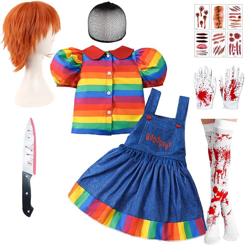 Chucky Costume  Halloween Toddler Baby Girl Cosplay Kids Rainbow Striped Shirt Overalls