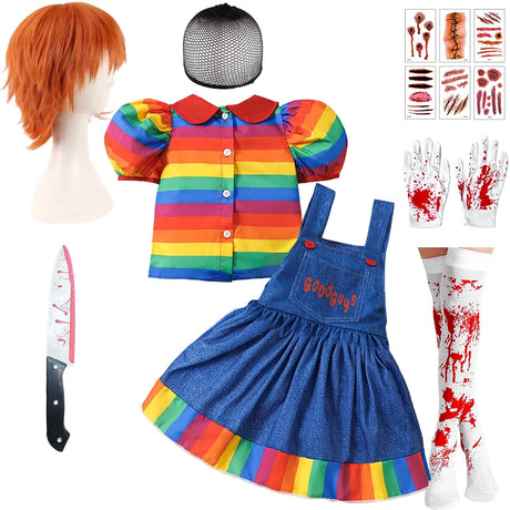 Chucky Costume  Halloween Toddler Baby Girl Cosplay Kids Rainbow Striped Shirt Overalls