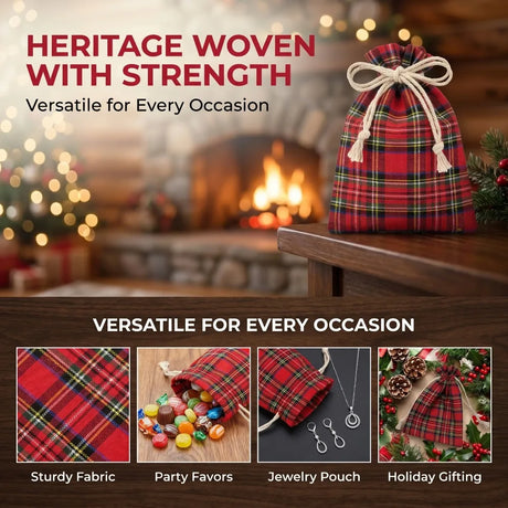 10PCS Linen Christmas Plaid Drawstring Bags Gift Pouches