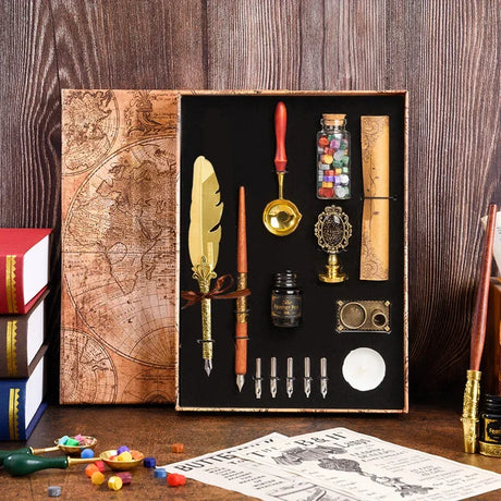 Golden Feather Quill Pens Set Dip Fountain Pens Ink Stationery Writing Gift Box Sets