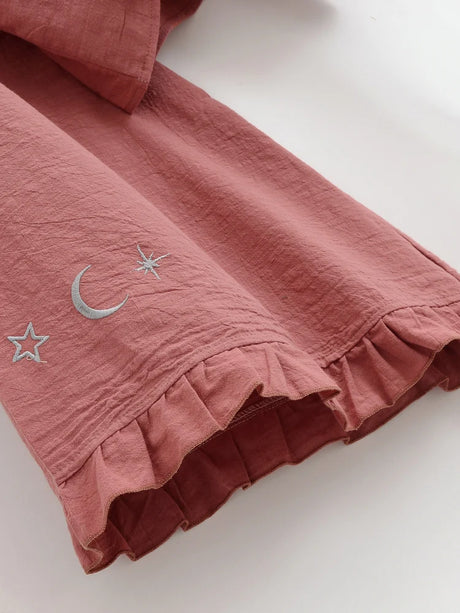 Boho Star Moon Embroidered Short Kimono Wrap Top Ruffled Flare Sleeves Cover-ups