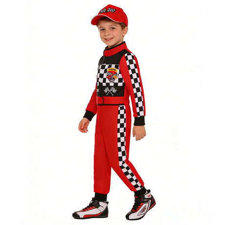 Kids Racer Costume Set Halloween Cosplay Checkered Racing Jumpsuit Boys Book Week Costumes