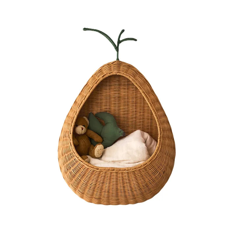 Handwoven Fruit Shape Wall Basket Apple Pear Wall-Mounted Storage Childrens Room Decor