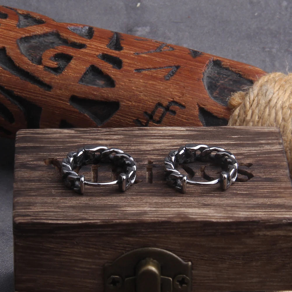 Chain Stainless Steel Huggie Hoop Earrings for Men with Wooden Box
