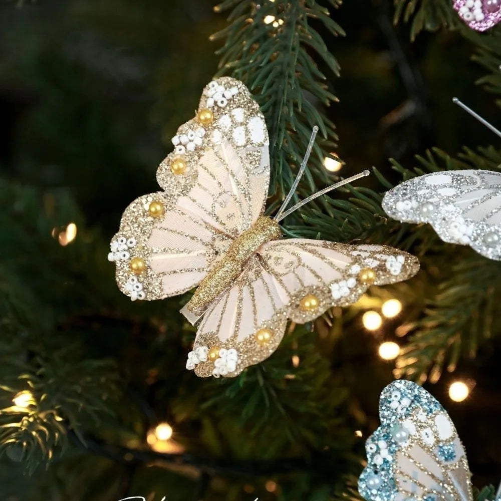 Glitter Christmas Butterflies Ornaments Sparkling Christmas Tree Decorations with Clips