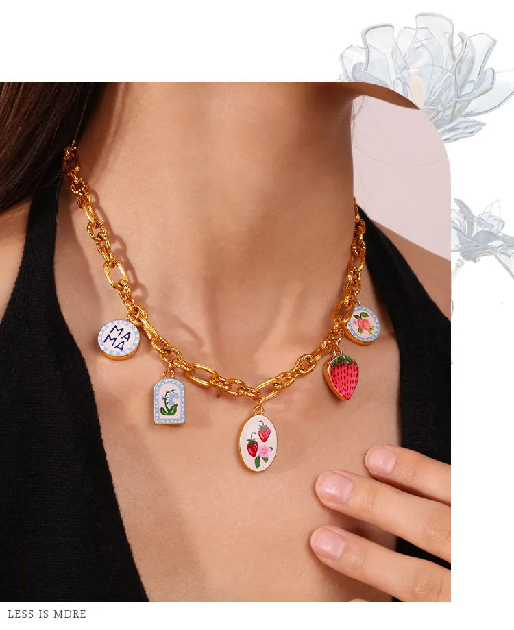 1pc Dopamine Charm Stainless Steel-plated 18K Gold Enamel Round Pendant Charms