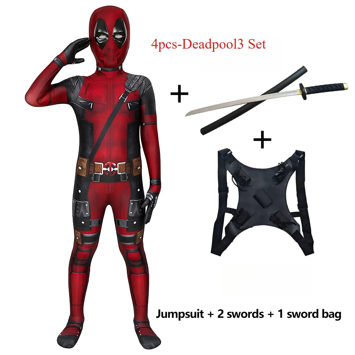 Deadpool Costume Kids Superhero Child Cosplay Halloween Costume Swords Kids Jumpsuit