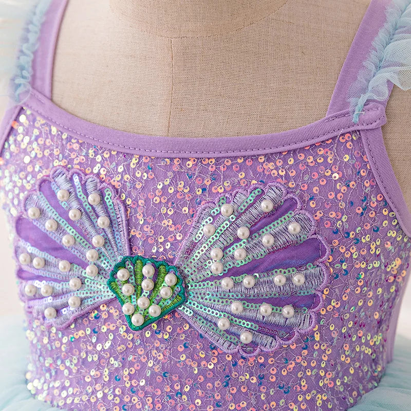 Girl's Shell Pearl Sequin Tulle Mermaid Cake Layer Party Dress