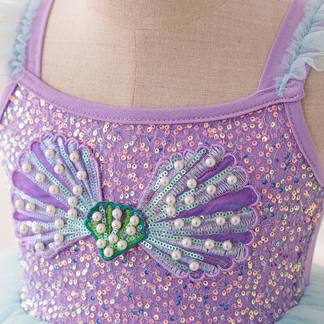 Girl's Shell Pearl Sequin Tulle Mermaid Cake Layer Party Dress