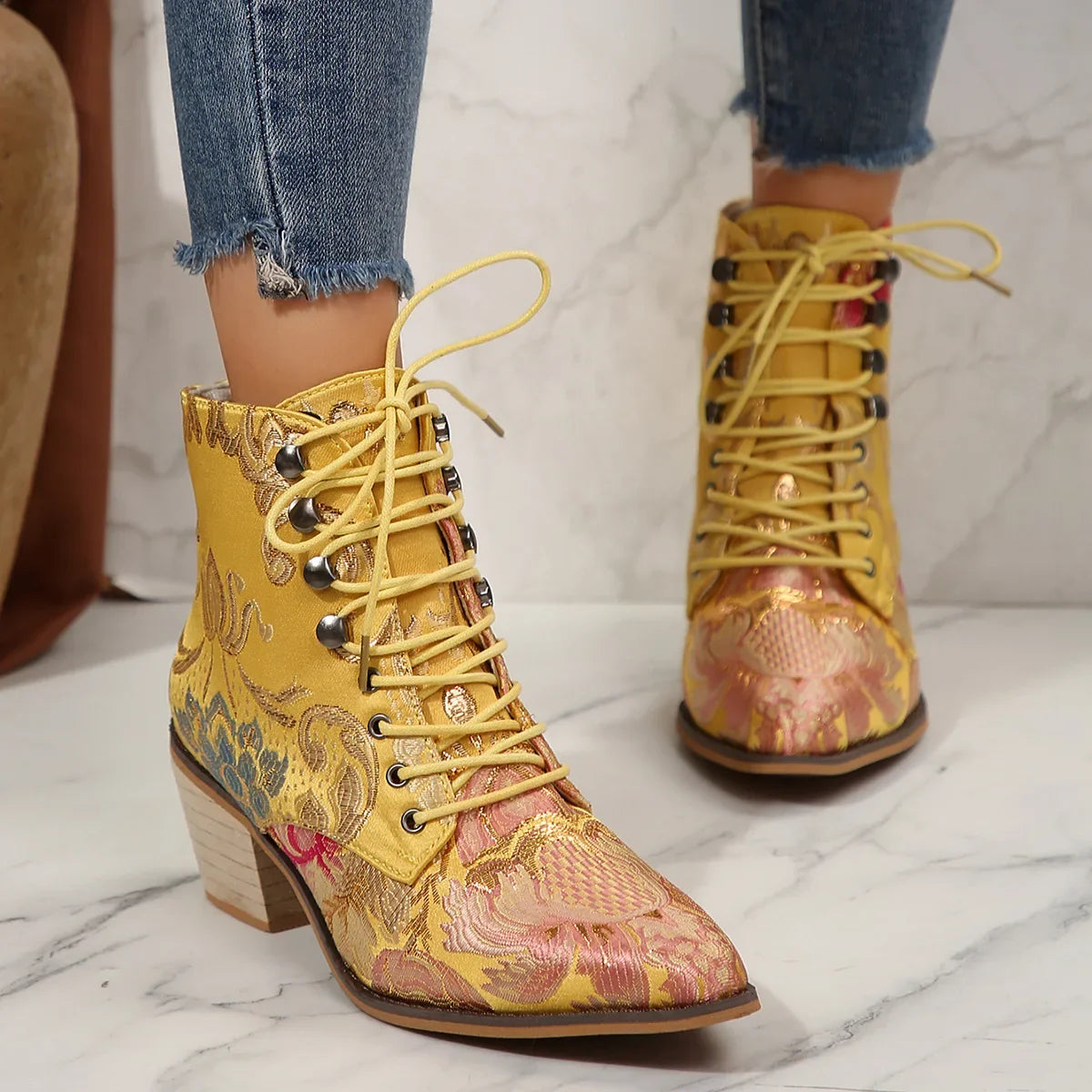 Purple and Golden Marie Antoinette Handmade Embroidered Ankle Boots