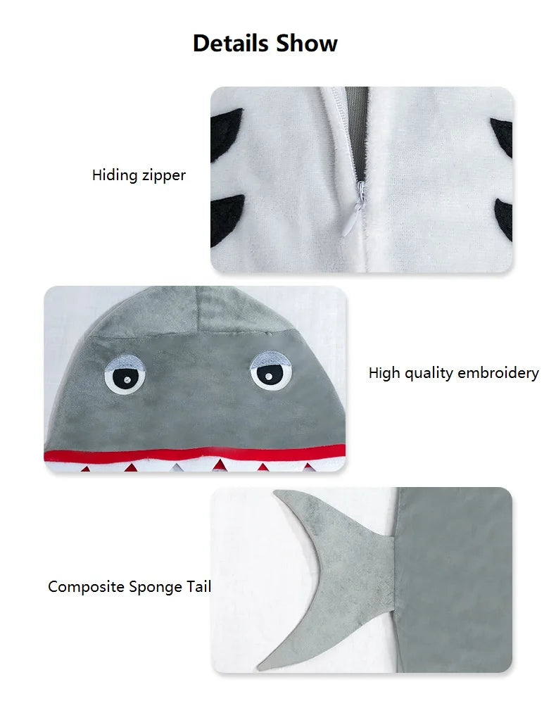 Boys and Girls Grey Shark Kids Outfits Book Week Costume Onsie Hoodie Halloween Fancy Dress Up Play Suit