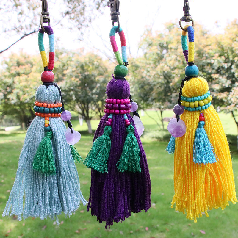 Boho Colourful Crystal and Beading Tassel Keychains Amethysts Purple Crystal Charm Long Tassel Keyrings Hanging Decor