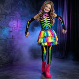 Neon Rainbow Skeleton Costume Tutu Dress Set Halloween Fancy Dress Day of The Dead Carnival Cosplay Party