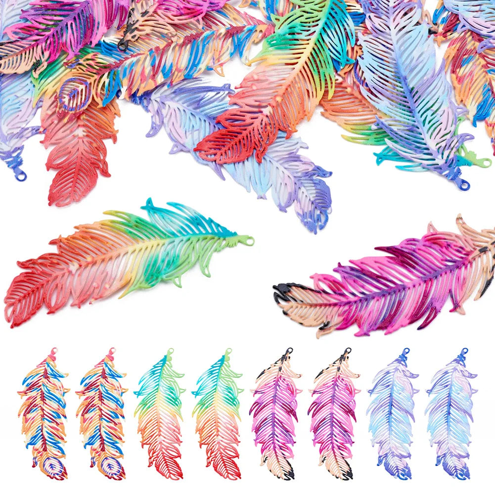 16Pcs Feather Charms Spray Painted 430 Stainless Steel Etched Metal for DIY Jewellery Making