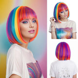 Synthetic Party Wigs Colourful Rainbow Bob with Bangs Hairstyle Halloween Cosplay
