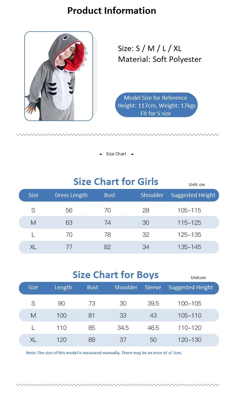 Boys and Girls Grey Shark Kids Outfits Book Week Costume Onsie Hoodie Halloween Fancy Dress Up Play Suit