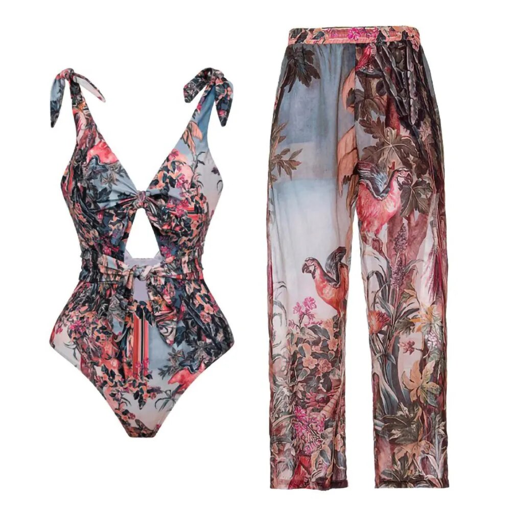 Lillian's Glam Print One Piece Hollow Swimsuit Matching Chiffon Pants