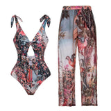 Lillian's Glam Print One Piece Hollow Swimsuit Matching Chiffon Pants