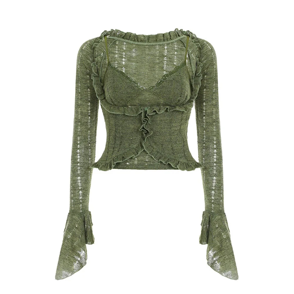 Y2k Dark Green Long Sleeved Ruffle Top Matching Skirt Goblincore
