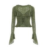 Y2k Dark Green Long Sleeved Ruffle Top Matching Skirt Goblincore