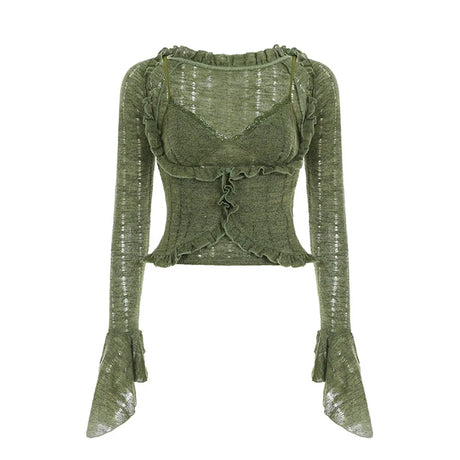 Y2k Dark Green Long Sleeved Ruffle Top Matching Skirt Goblincore