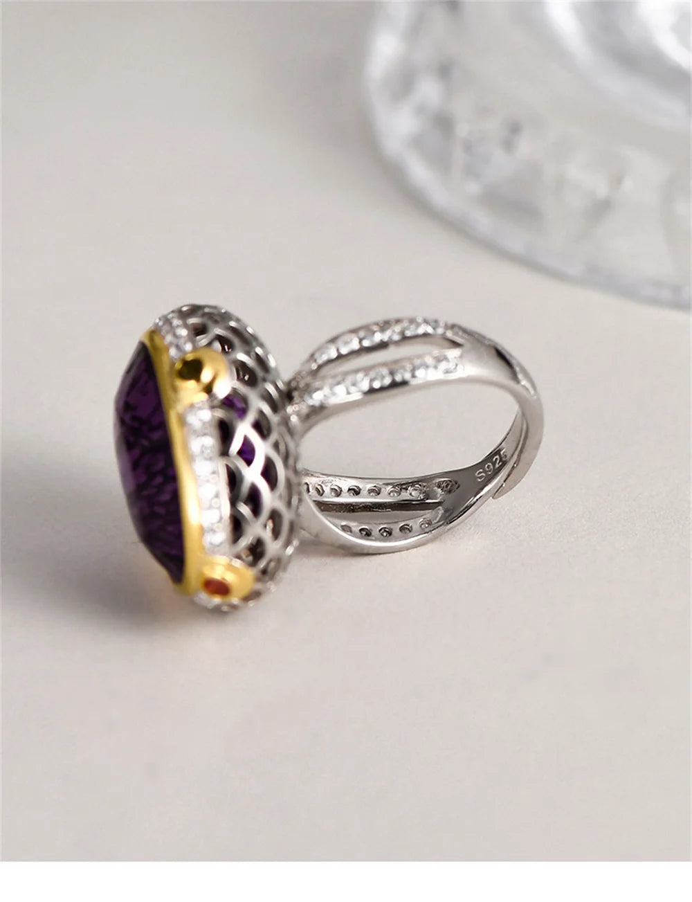 Lady of the Depths S925 Sterling Silver Ring Natural Amethyst Occidental Topaz Zircon