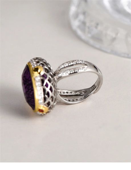 Lady of the Depths S925 Sterling Silver Ring Natural Amethyst Occidental Topaz Zircon