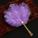 Ostrich Feather Fan Round Fan with Golden Hollow Handle Court Dance Hand Fans