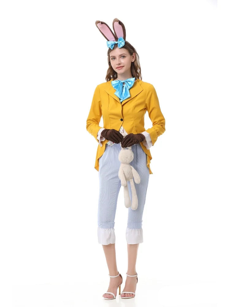 Women's Gentleman Rabbit Cosplay Costume Halloween Carnival Party Stage Performance Set With Bunny Ear Headwear Bow Tie Gloves