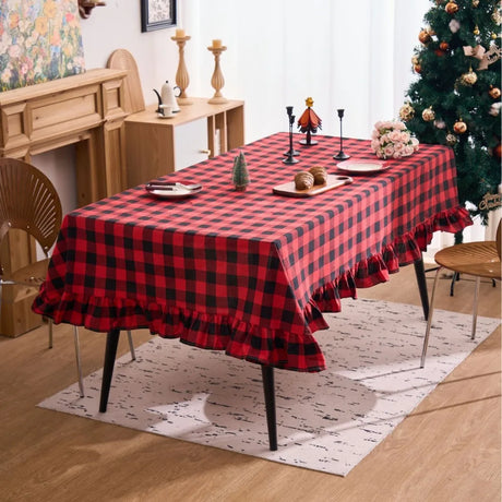 Christmas Plaid Ruffled Tablecloth Round and Rectangle Table Decoration