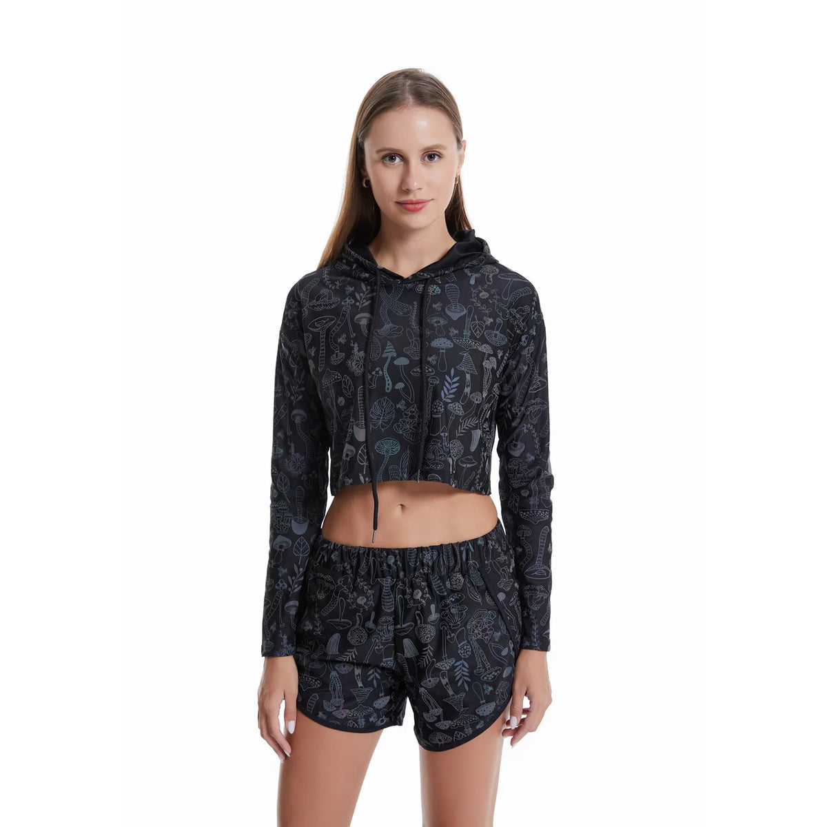 Reflective Mushroom Print Shorts Cropped Hoodie