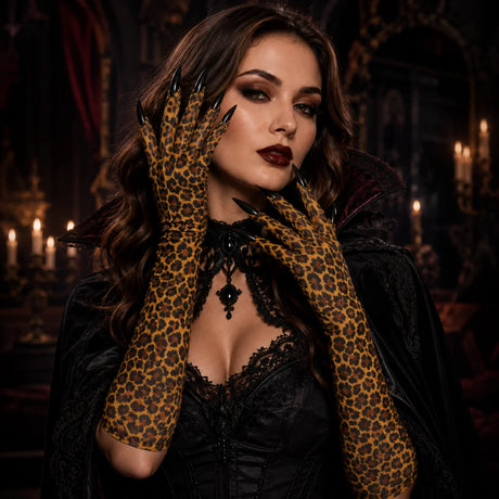 Leopard Print Long Gloves with Claws Halloween Costume Gloves