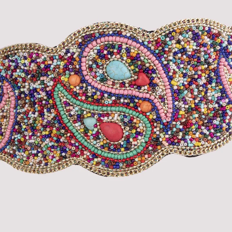 Boho Beaded Elastic Waist Wide Belt