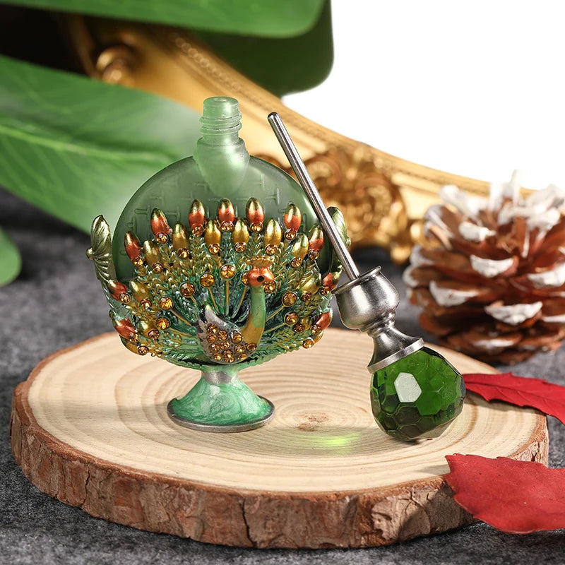 7ml Peacock Refillable Empty Perfume Bottle Metal Enamel Emerald Green Glass Cap Dripper
