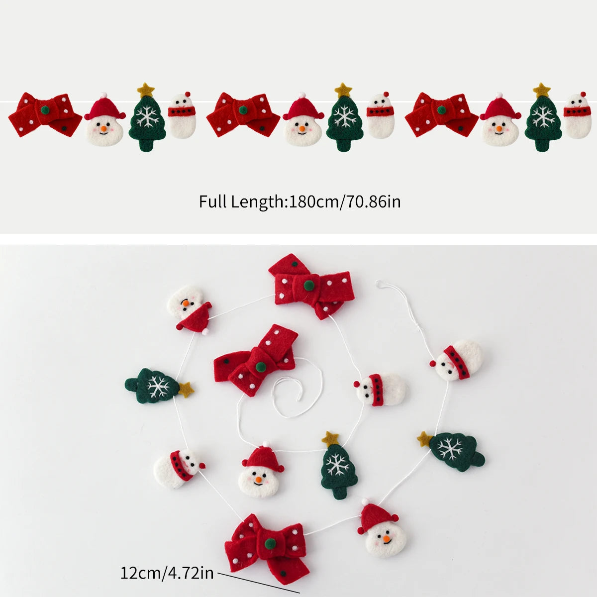 180cm Wool Felt Christmas Garland Handmade Snowman Reindeer Pom Pom Banner for Xmas Tree Wall Mantel Decor