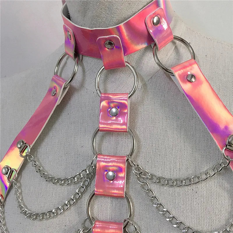 PU Leather Harness 2 Piece Set Metal Chest Chain With Tassel Sequins Mini Skirt Festival Party Club Outfits
