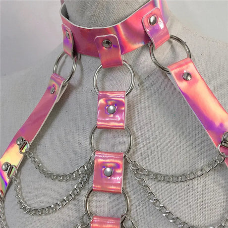 PU Leather Harness 2 Piece Set Metal Chest Chain With Tassel Sequins Mini Skirt Festival Party Club Outfits