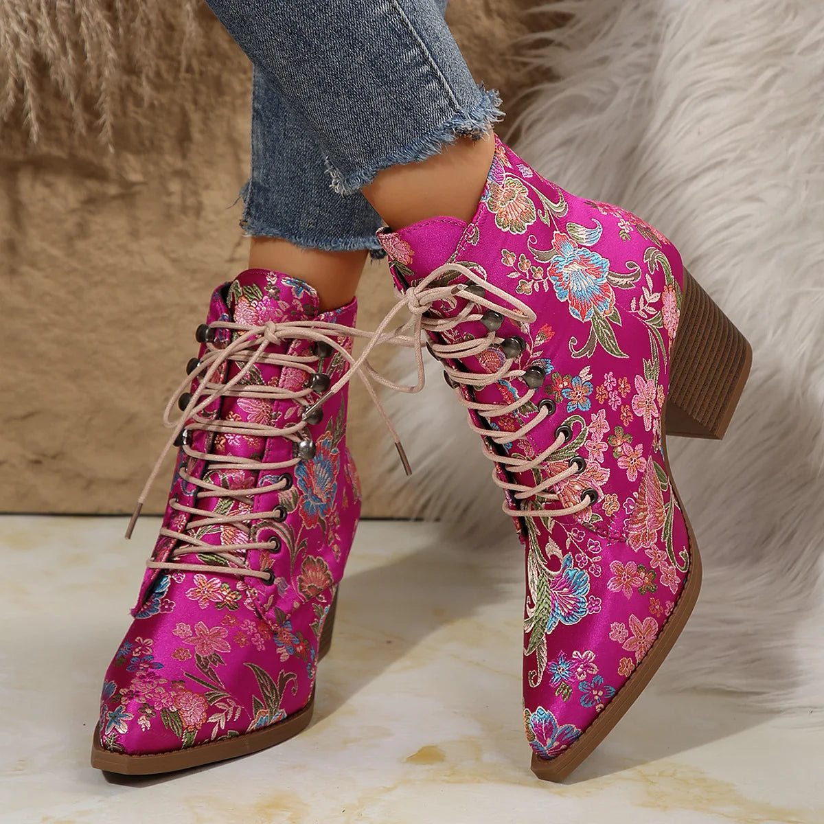 New Marie Antoinette Handmade Embroidered Ankle Boots