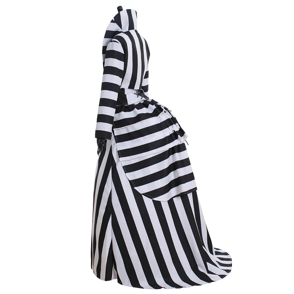 Ms Beetlejuice Cosplay Costume Black and White Stripes Victorian Dress