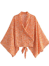 Tangerine Boho Floral Kimono Wrap Top