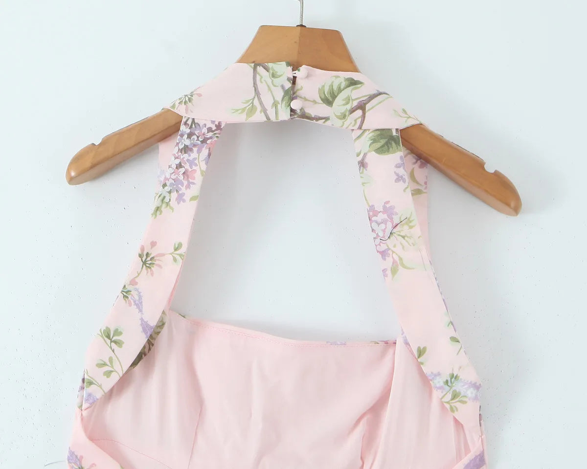 Ceony's Pink Floral Backless Halter Neck Dress