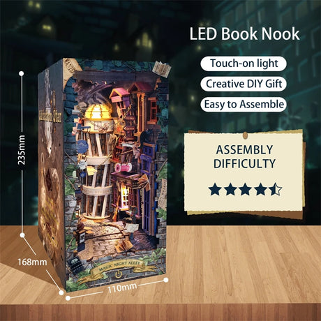 Magic Night Alley DIY Wooden Book Nook Shelf Insert Miniature Building Kits Bookshelf Decor with LED Lights