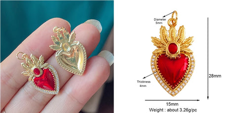 Red and Gold Sacred Heart Charms 18K Gold Plated for Jewellery Making