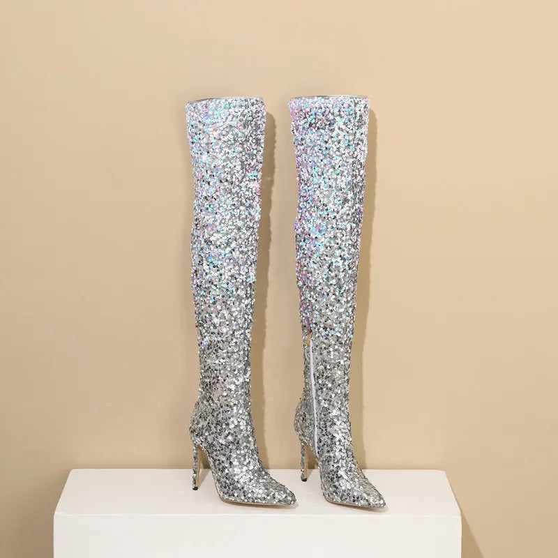 Galaxy Thigh High Boots Gradient Sequin Stretch Boots 11CM Heels