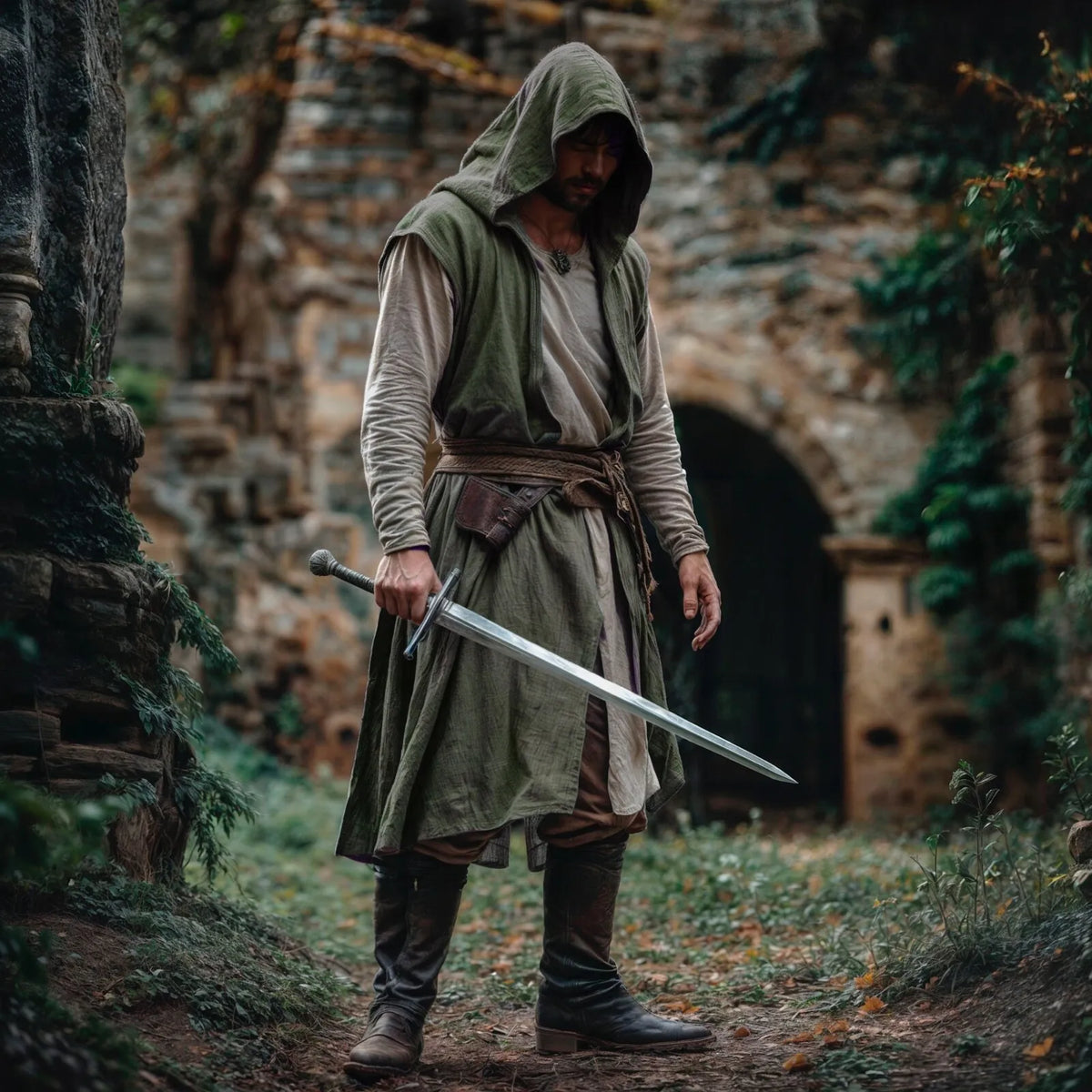 Medieval Mens Surcoat Linen Hooded Tunic Renfaire Cape LARP Ranger Cosplay