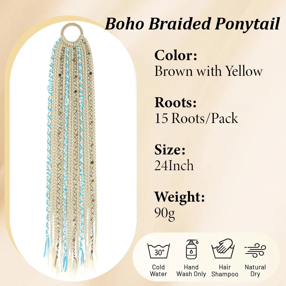 24" Beaded Boho Braided Ponytail Extension Viking Ties Dreadlock Synthetic Hairpiece