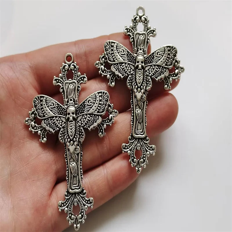 2pcs Filigree Victorian Gothic Large Cross Pendants Bat Moth DIY Jewellery Making