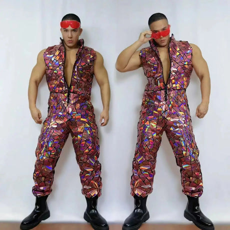 Mens Laser Mirror Sleeveless Jumpsuit Hip Hop Dancer Party Nightclub Outfit