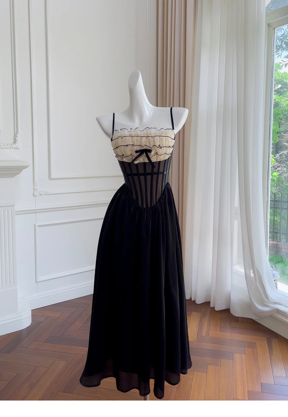 Justine's French Black Lace Sling Spliced Ruffles Bandage Backless Dress
